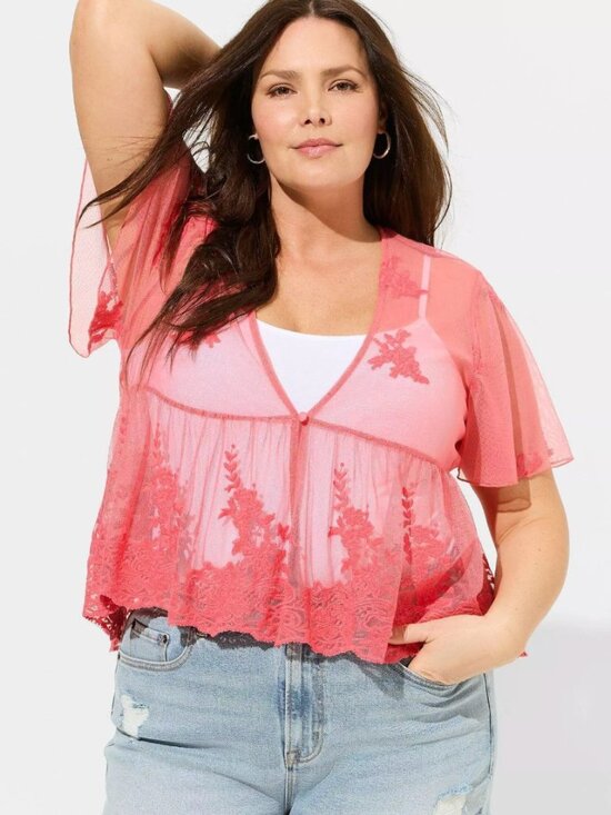 torrid Tops - Torrid Embroidered Mesh Peplum Kimono Rouge Red 2